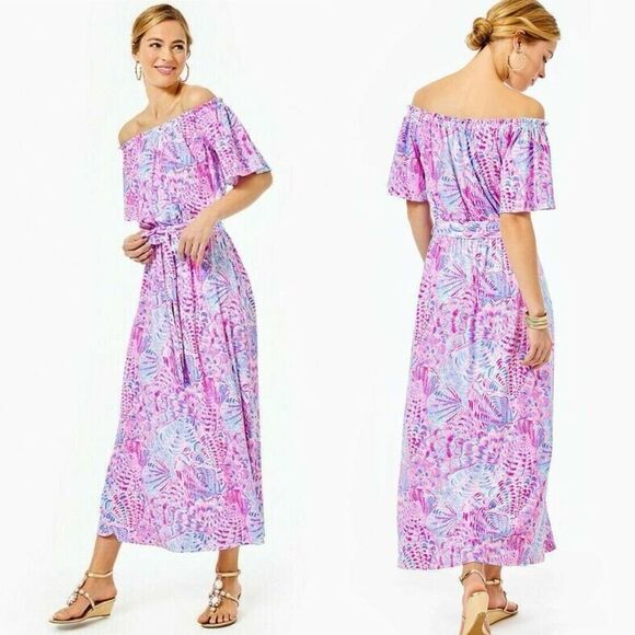 Lilly Pulitzer Moriah Off Shoulder Midi Dress S Preppy Coastal Resort Boho - Picture 13 of 16